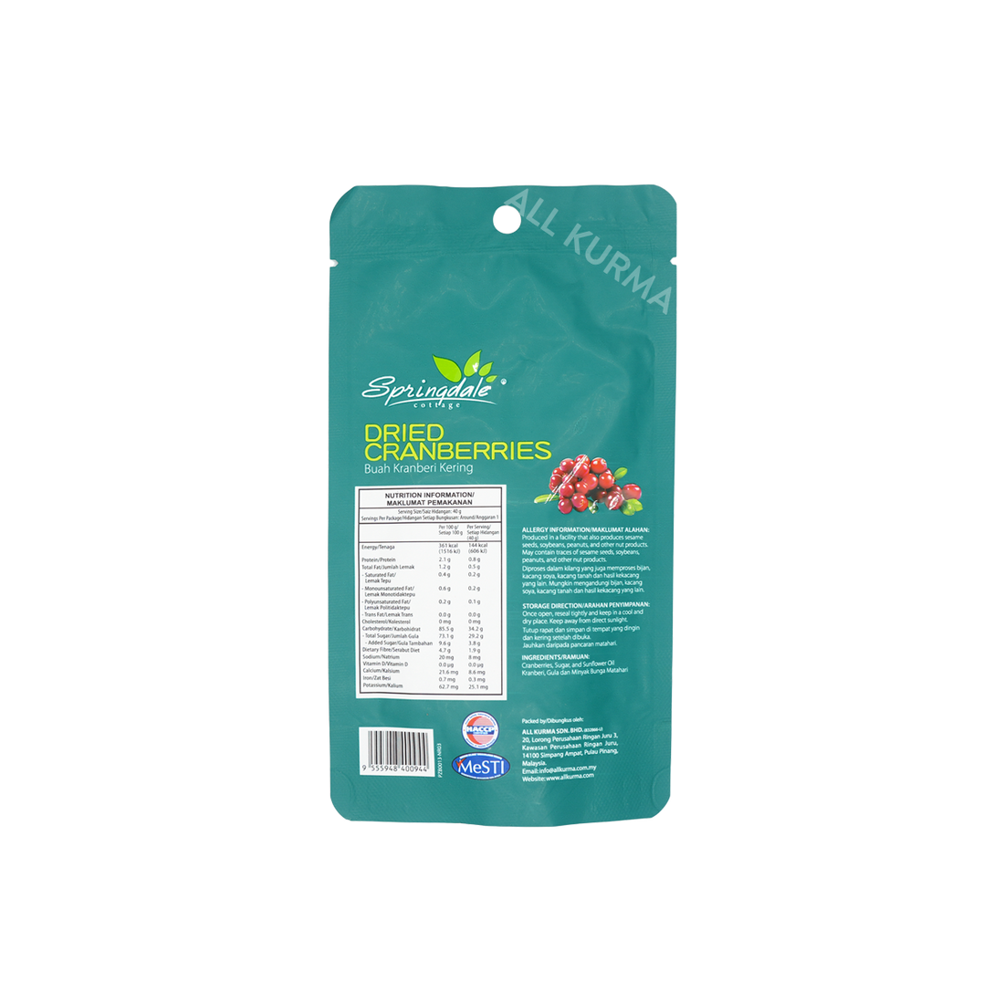 Springdale Cottage Dried Cranberries In Pouch 40g